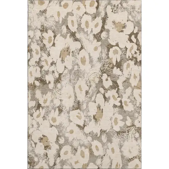 Khaki Gray And Ivory Floral Washable Area Rug With UV Protection Photo 2