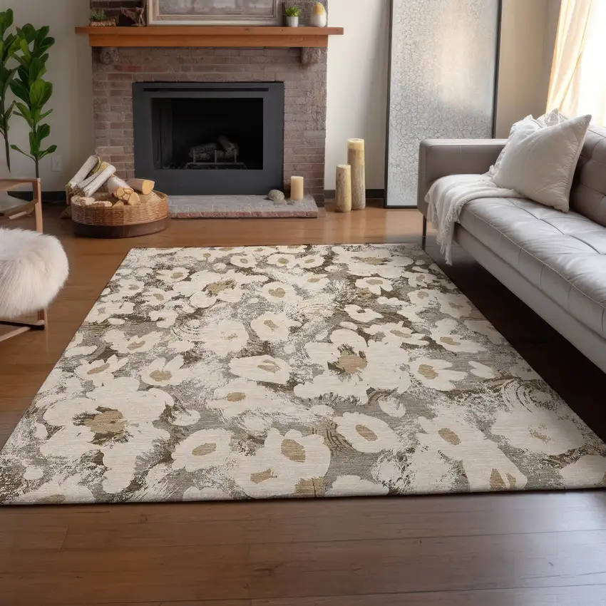 Khaki Gray And Ivory Floral Washable Area Rug With UV Protection Photo 6