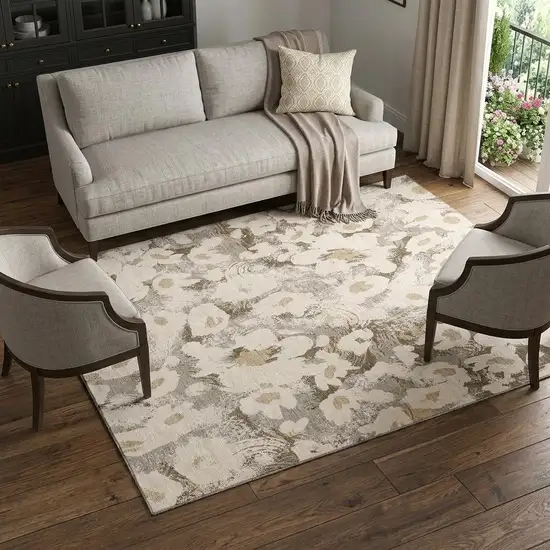 Khaki Gray And Ivory Floral Washable Area Rug With UV Protection Photo 1