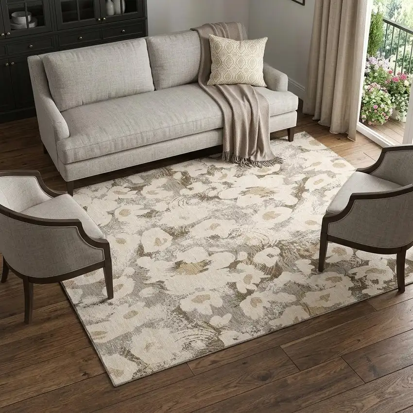 Khaki Gray And Ivory Floral Washable Area Rug With UV Protection Photo 1