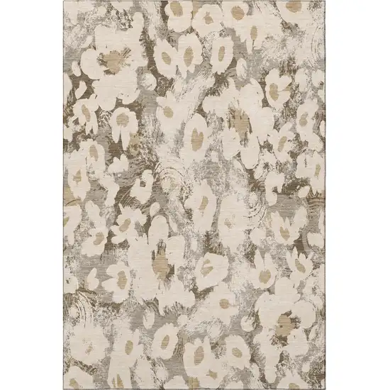 Khaki Gray And Ivory Floral Washable Area Rug With UV Protection Photo 4
