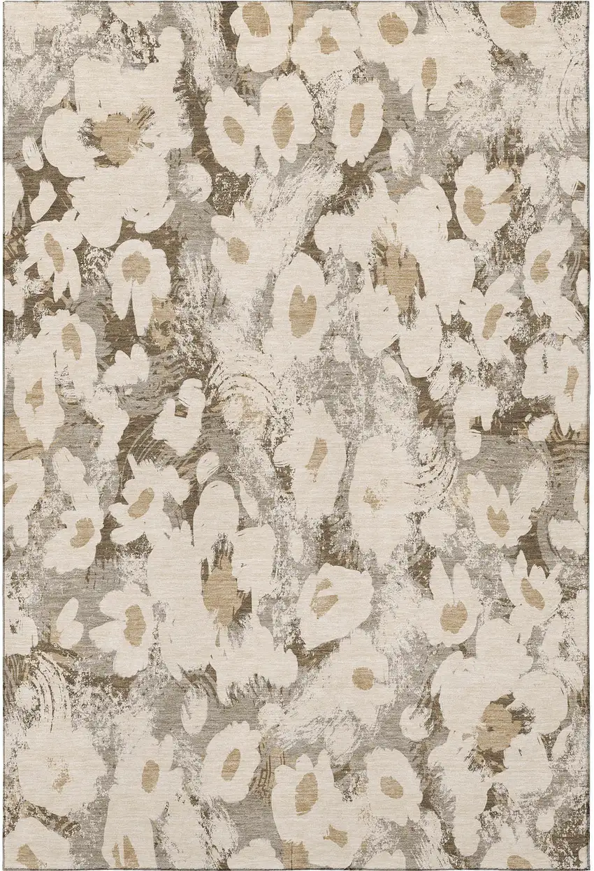 Khaki Gray And Ivory Floral Washable Area Rug With UV Protection Photo 4