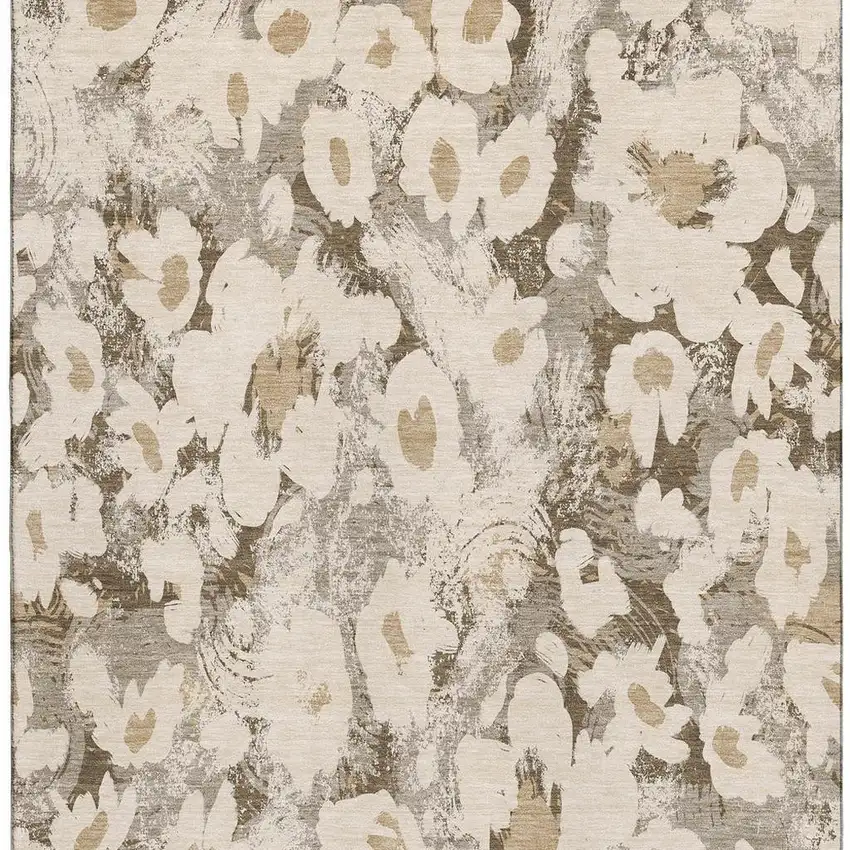 Khaki Gray And Ivory Floral Washable Area Rug With UV Protection Photo 3