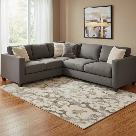 Khaki Gray And Ivory Floral Washable Area Rug With UV Protection Photo 1