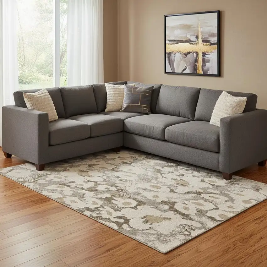 Khaki Gray And Ivory Floral Washable Area Rug With UV Protection Photo 1