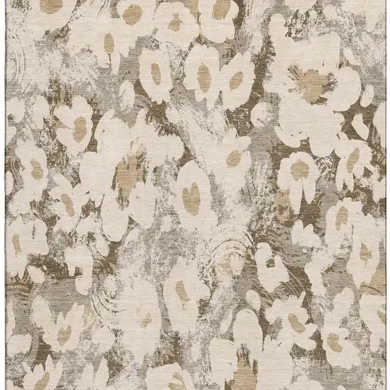 Khaki Gray And Ivory Floral Washable Area Rug With UV Protection Photo 4