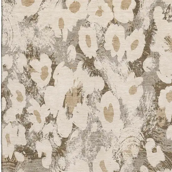 Khaki Gray And Ivory Floral Washable Area Rug With UV Protection Photo 3