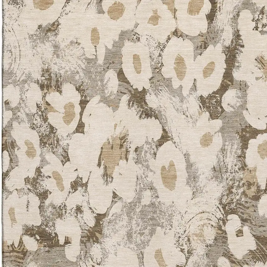 Khaki Gray And Ivory Floral Washable Area Rug With UV Protection Photo 3