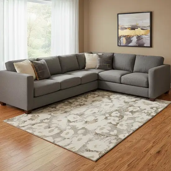 Khaki Gray And Ivory Floral Washable Area Rug With UV Protection Photo 1