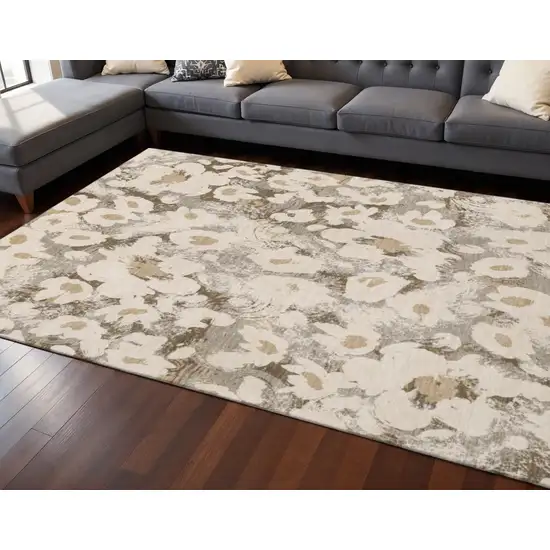 Khaki Gray And Ivory Floral Washable Area Rug With UV Protection Photo 2