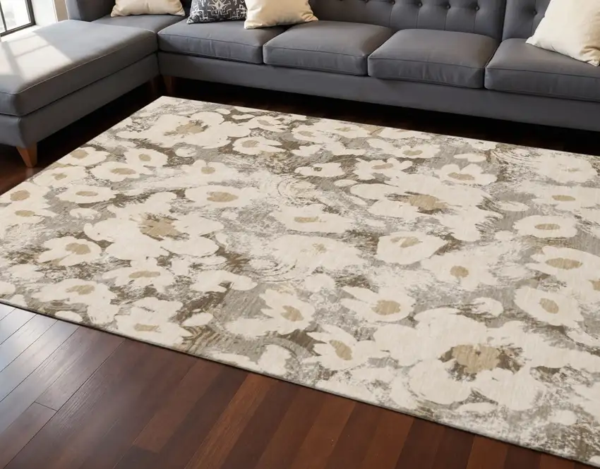 Khaki Gray And Ivory Floral Washable Area Rug With UV Protection Photo 2