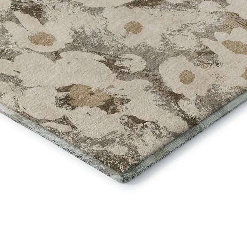 Khaki Gray And Ivory Floral Washable Area Rug With UV Protection Photo 8