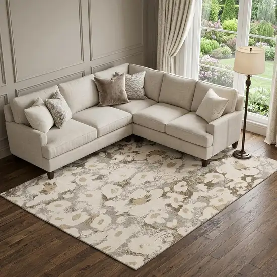 Khaki Gray And Ivory Floral Washable Area Rug With UV Protection Photo 1