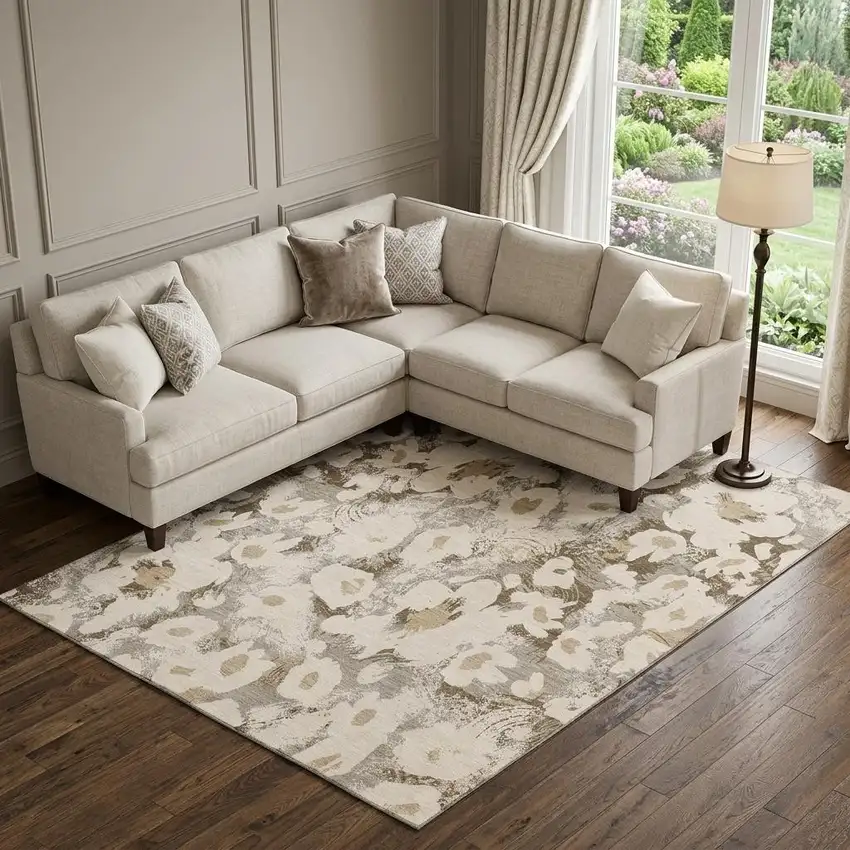 Khaki Gray And Ivory Floral Washable Area Rug With UV Protection Photo 1