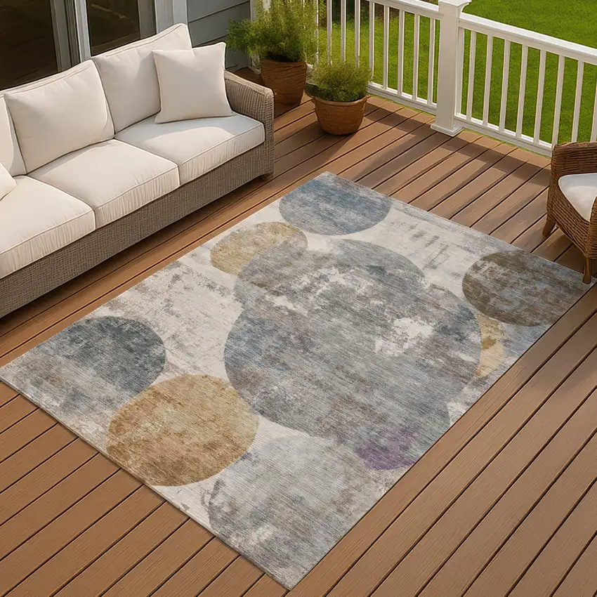 Khaki Gray And Ivory Geometric Washable Indoor Outdoor Area Rug Photo 2