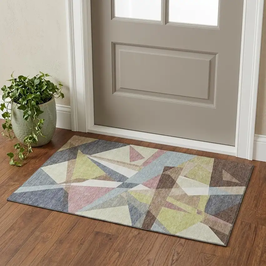 Khaki Gray And Mauve Geometric Washable Area Rug With UV Protection Photo 1