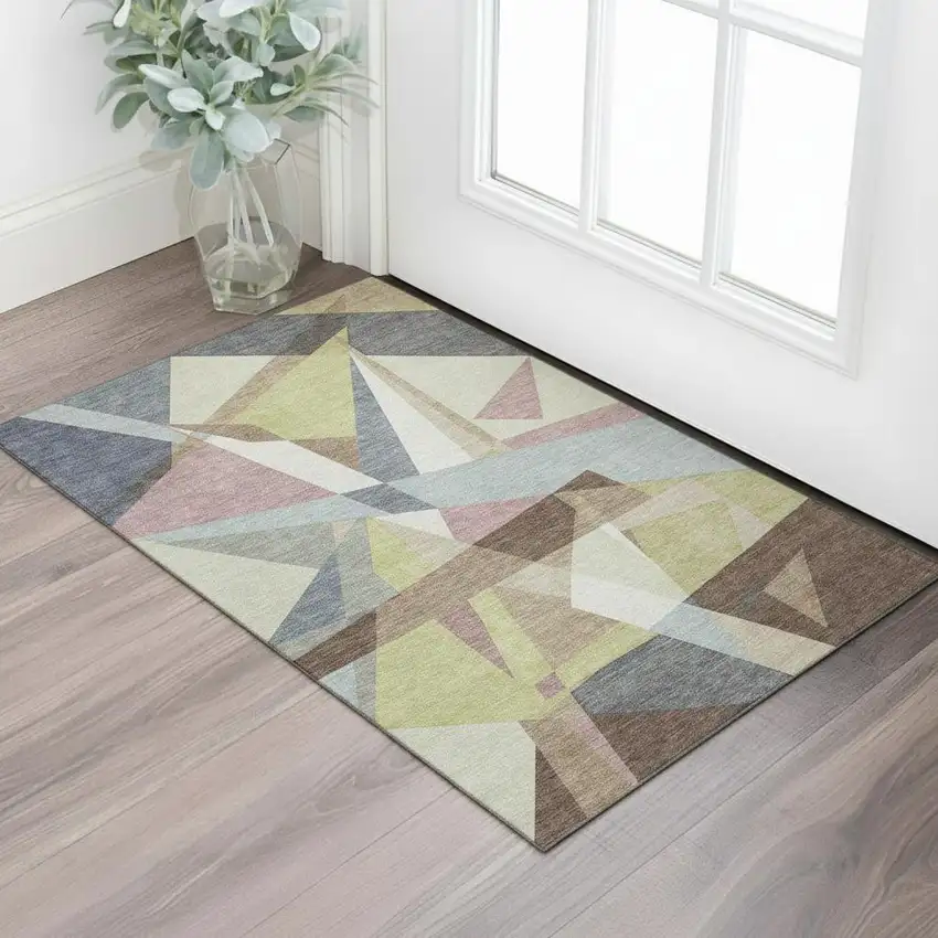 Khaki Gray And Mauve Geometric Washable Area Rug With UV Protection Photo 2