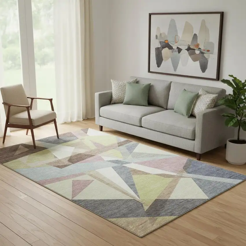 Khaki Gray And Mauve Geometric Washable Area Rug With UV Protection Photo 2