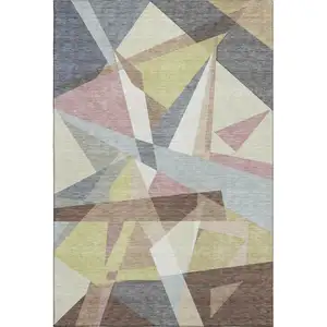 Photo of Khaki Gray And Mauve Geometric Washable Area Rug With UV Protection