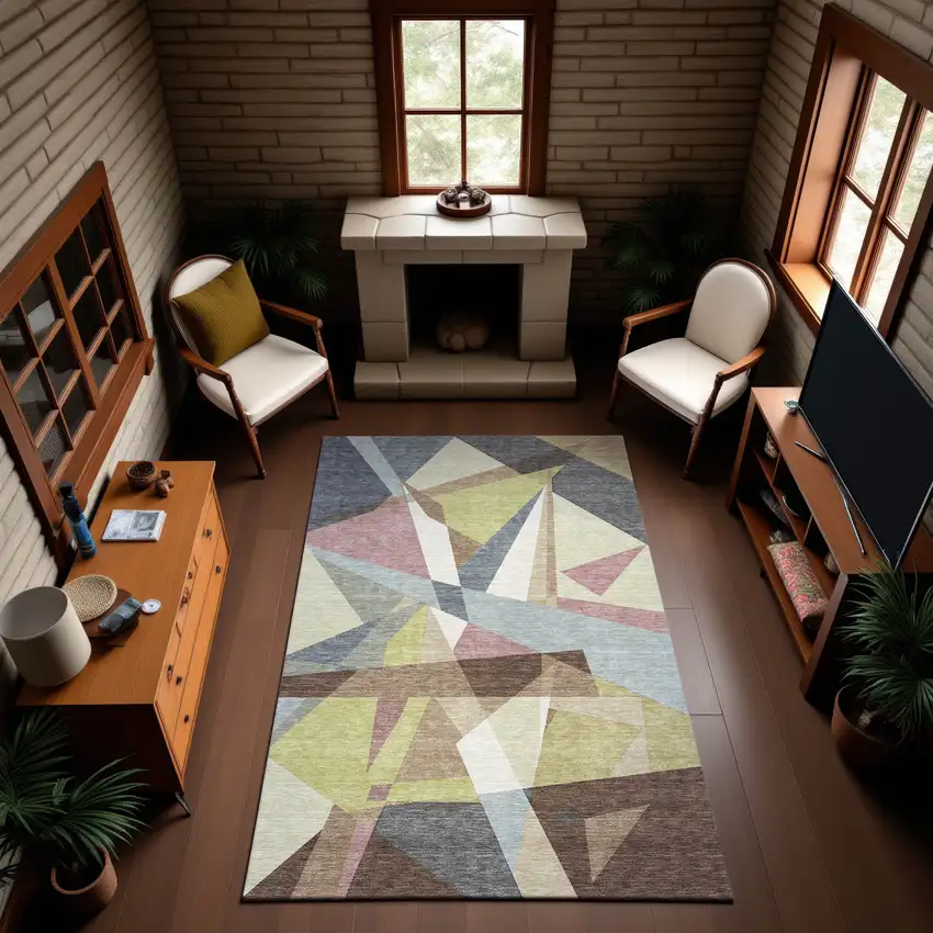 Khaki Gray And Mauve Geometric Washable Area Rug With UV Protection Photo 4