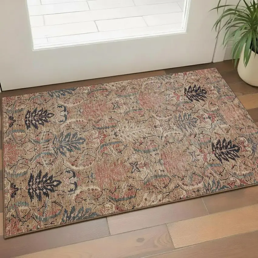 Khaki Gray And Salmon Damask Washable Area Rug With UV Protection Photo 2