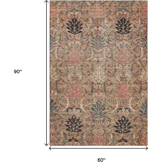 Khaki Gray And Salmon Damask Washable Area Rug With UV Protection Photo 8