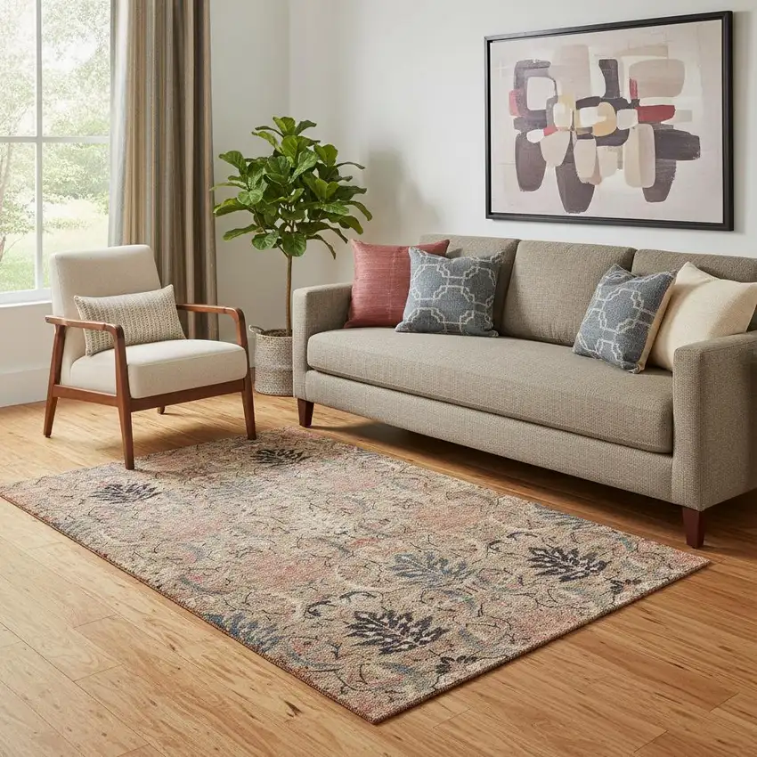 Khaki Gray And Salmon Damask Washable Area Rug With UV Protection Photo 1