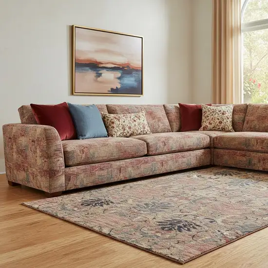 Khaki Gray And Salmon Damask Washable Area Rug With UV Protection Photo 2