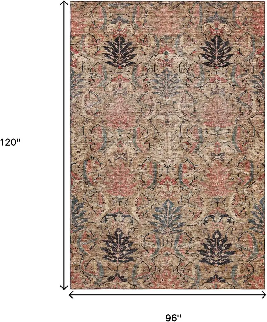 Khaki Gray And Salmon Damask Washable Area Rug With UV Protection Photo 9