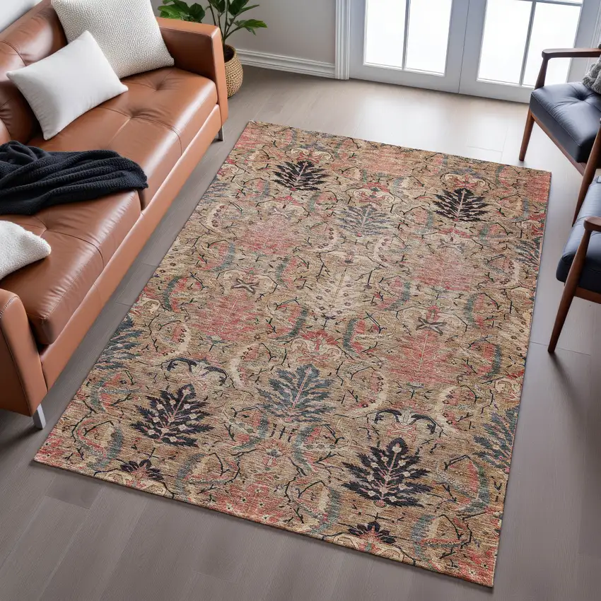 Khaki Gray And Salmon Damask Washable Area Rug With UV Protection Photo 4