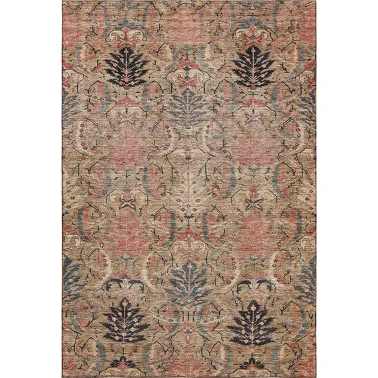 Khaki Gray And Salmon Damask Washable Area Rug With UV Protection Photo 1