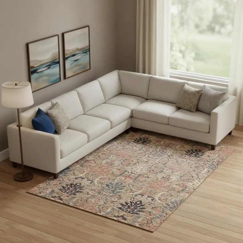 Khaki Gray And Salmon Damask Washable Area Rug With UV Protection Photo 2