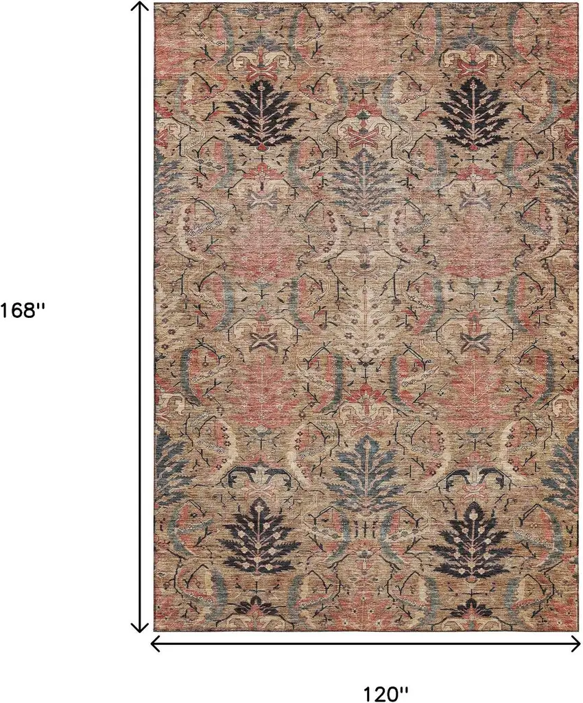 Khaki Gray And Salmon Damask Washable Area Rug With UV Protection Photo 8