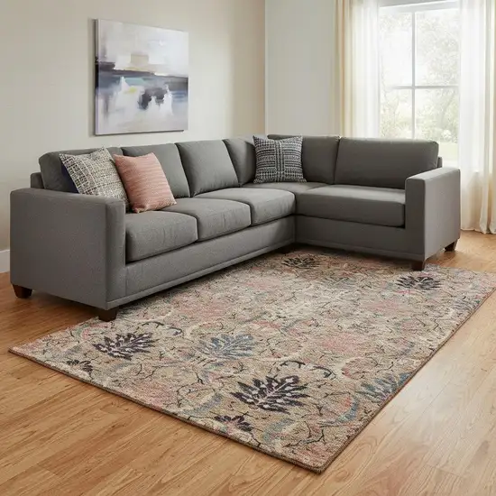 Khaki Gray And Salmon Damask Washable Area Rug With UV Protection Photo 2