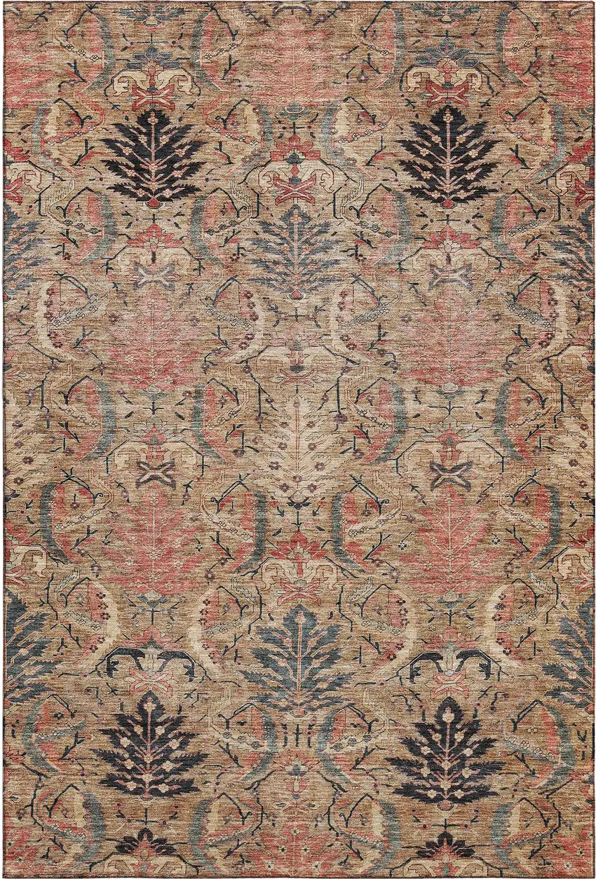 Khaki Gray And Salmon Damask Washable Area Rug With UV Protection Photo 1