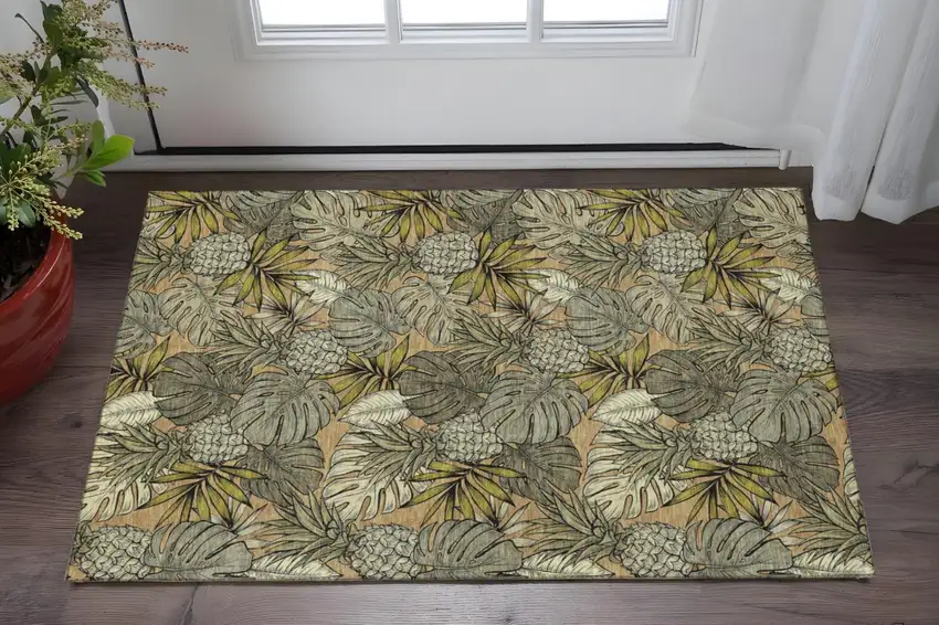 Khaki Gray And Yellow Geometric Washable Area Rug With UV Protection Photo 1