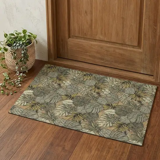 Khaki Gray And Yellow Tropical Botanical Distressed Washable Area Rug With UV Protection Photo 1