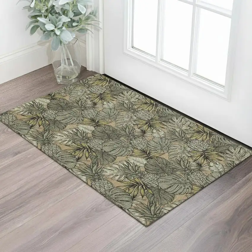 Khaki Gray And Yellow Geometric Washable Area Rug With UV Protection Photo 1