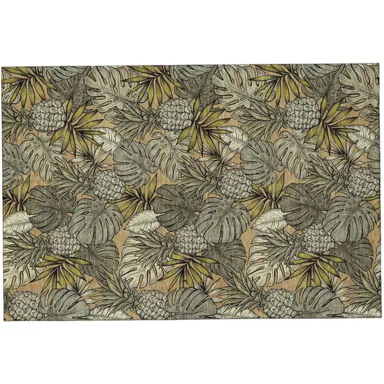 Khaki Gray And Yellow Tropical Botanical Distressed Washable Area Rug With UV Protection Photo 2