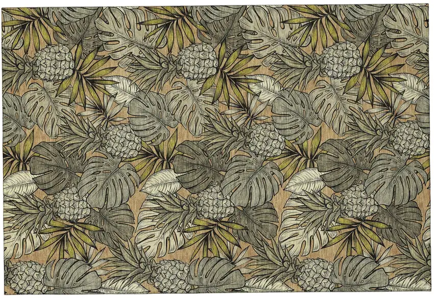 Khaki Gray And Yellow Tropical Botanical Distressed Washable Area Rug With UV Protection Photo 2