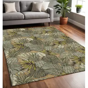 Photo of Khaki Gray And Yellow Geometric Washable Area Rug With UV Protection