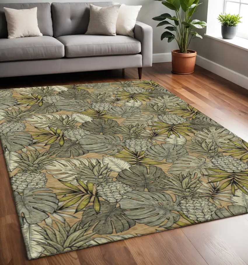 Khaki Gray And Yellow Geometric Washable Area Rug With UV Protection Photo 1