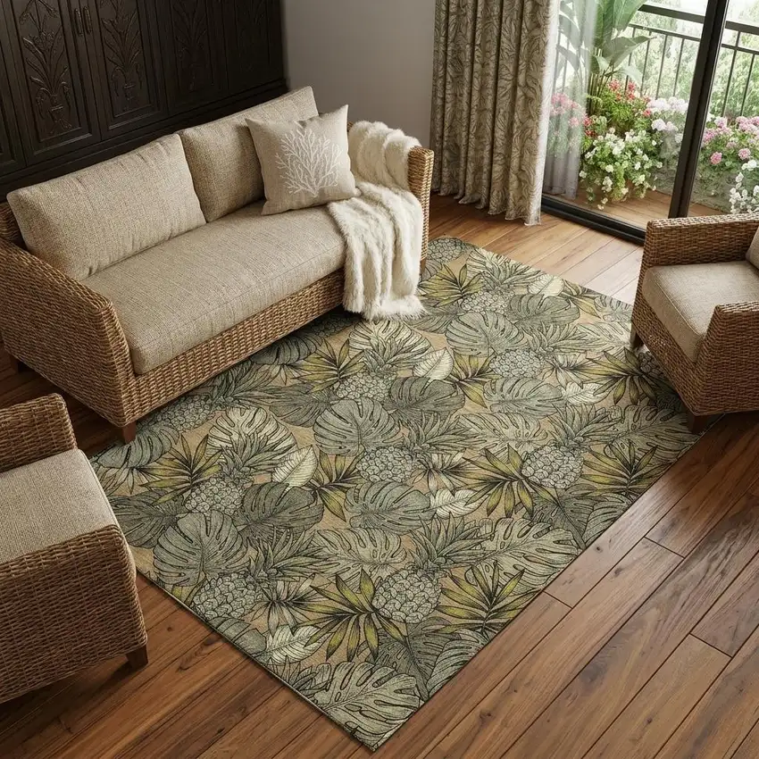 Khaki Gray And Yellow Tropical Botanical Distressed Washable Area Rug With UV Protection Photo 1