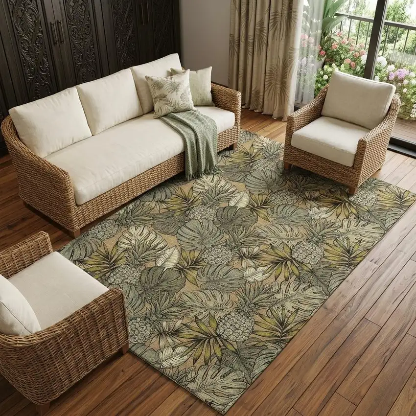 Khaki Gray And Yellow Tropical Botanical Distressed Washable Area Rug With UV Protection Photo 1