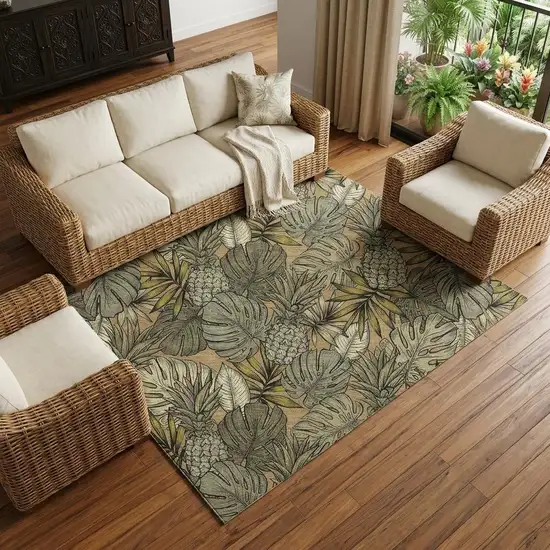 Khaki Gray And Yellow Tropical Botanical Distressed Washable Area Rug With UV Protection Photo 1