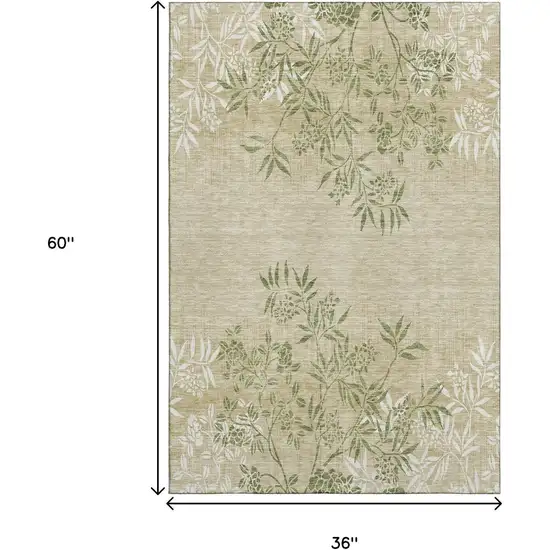 Khaki Green And Ivory Floral Washable Area Rug With UV Protection Photo 7