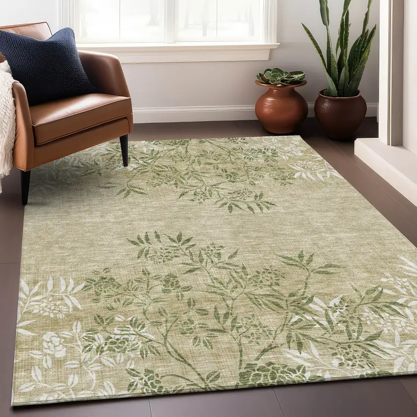 Khaki Green And Ivory Floral Washable Area Rug With UV Protection Photo 6