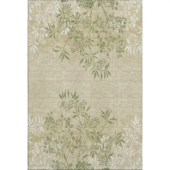 Khaki Green And Ivory Floral Washable Area Rug With UV Protection Photo 1