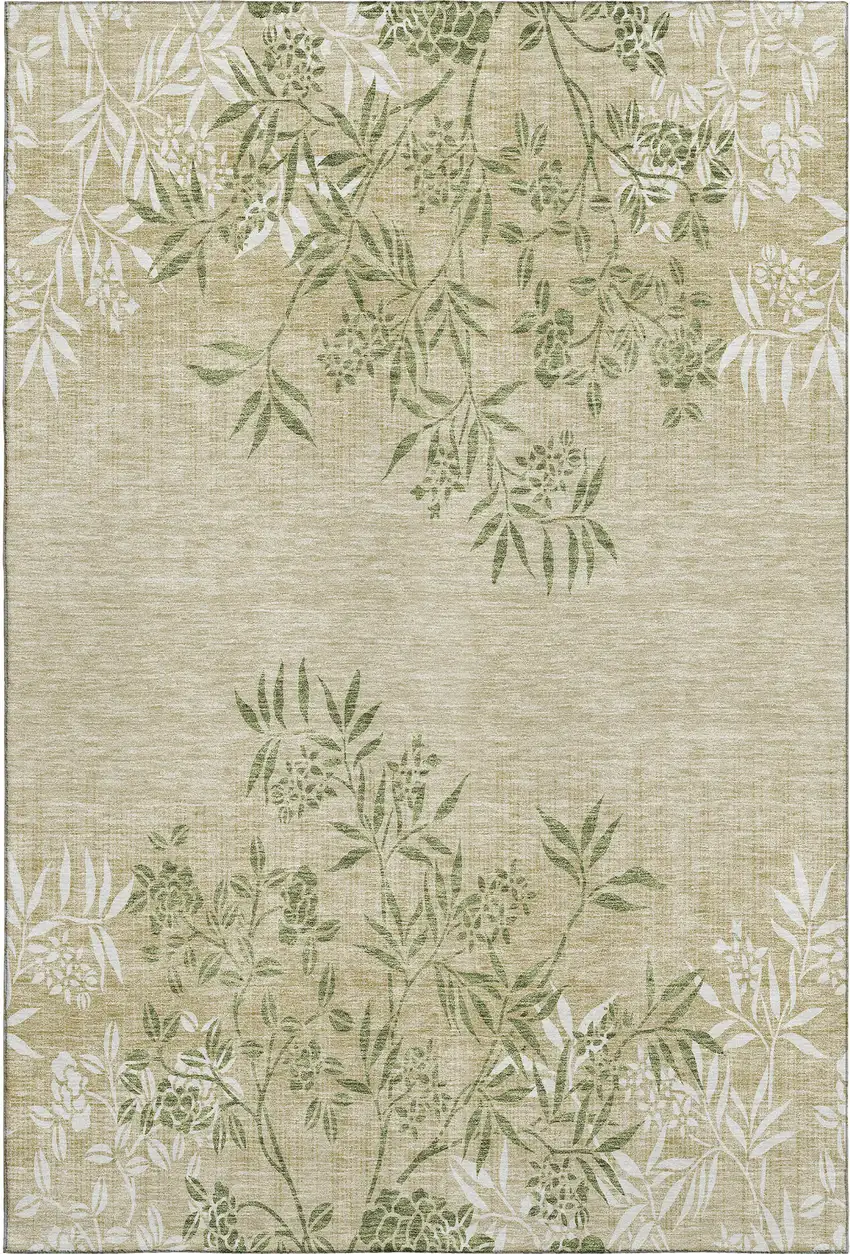 Khaki Green And Ivory Floral Washable Area Rug With UV Protection Photo 1