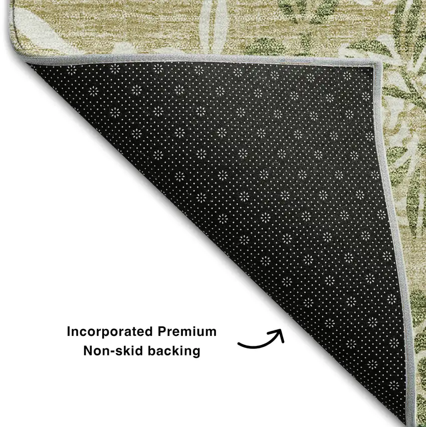 Khaki Green And Ivory Floral Washable Area Rug With UV Protection Photo 8